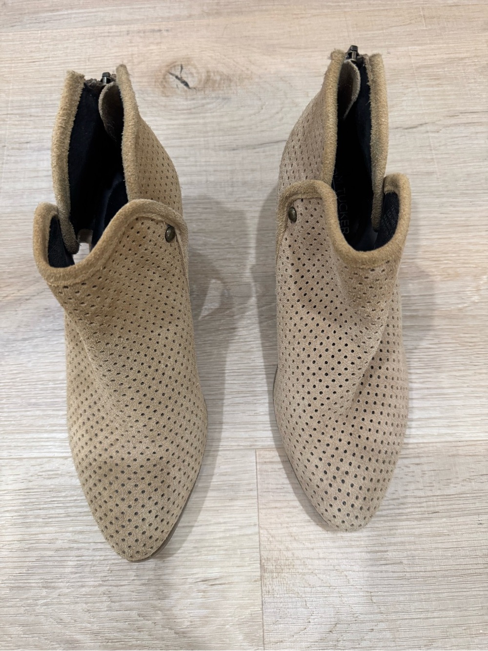 Perforated Suede Ankle Booties - Tan